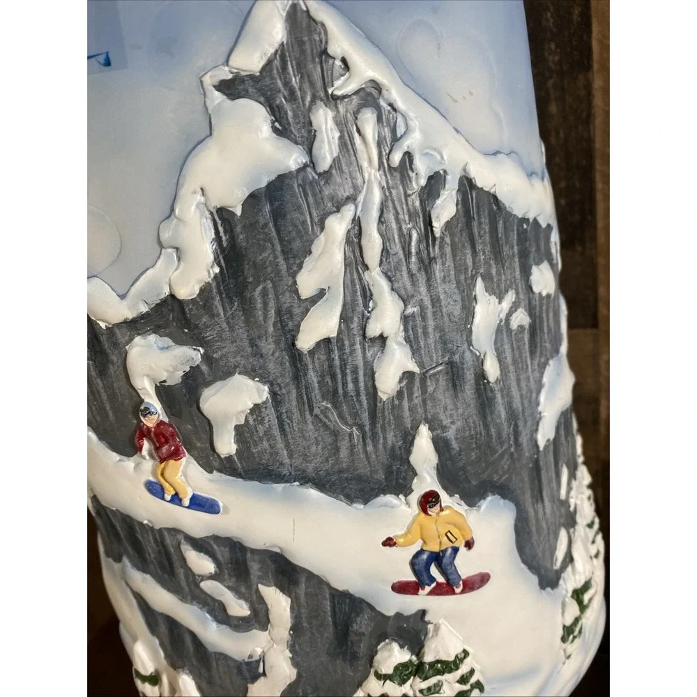 Christmas Wastebasket Hand-Painted Skiing Mountains Indoor Trash Can Resin